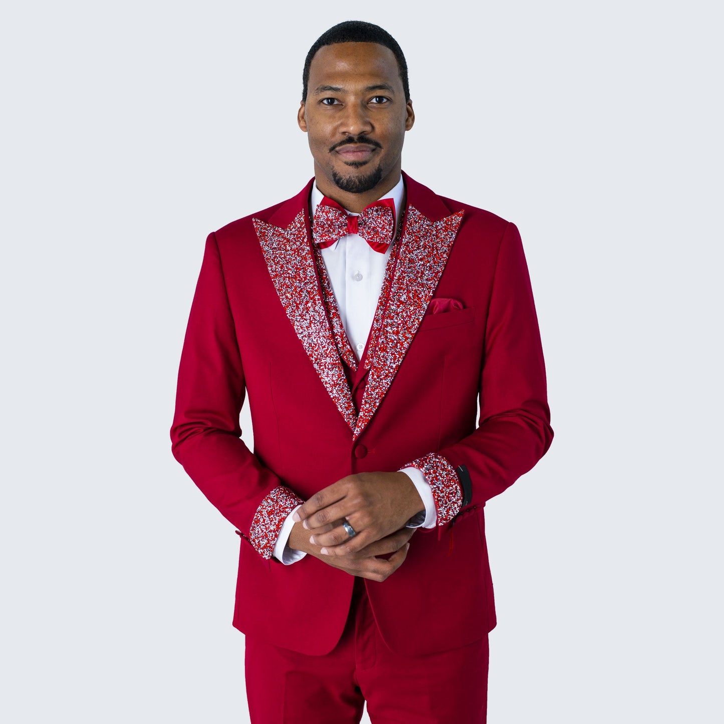 Red Peak Lapel Tuxedo with Stones – 4 Piece Set