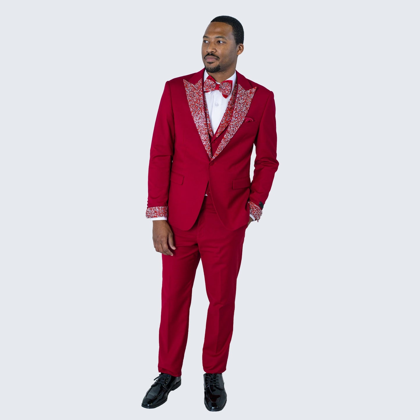 Red Peak Lapel Tuxedo with Stones – 4 Piece Set