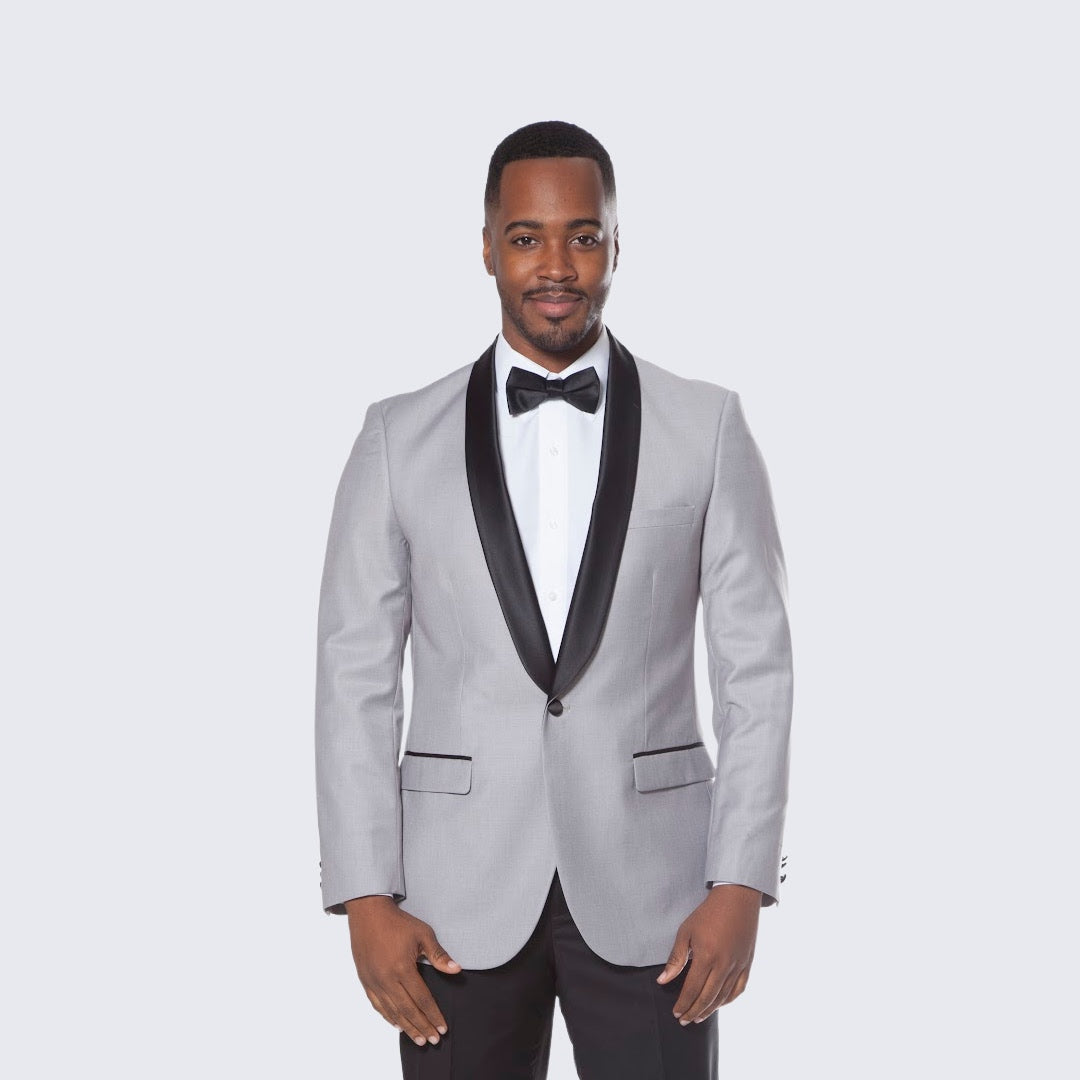 [DISCOUNTED] Grey Tuxedo Jacket with Black Satin Shawl Lapel Slim Fit - Limited Sizes