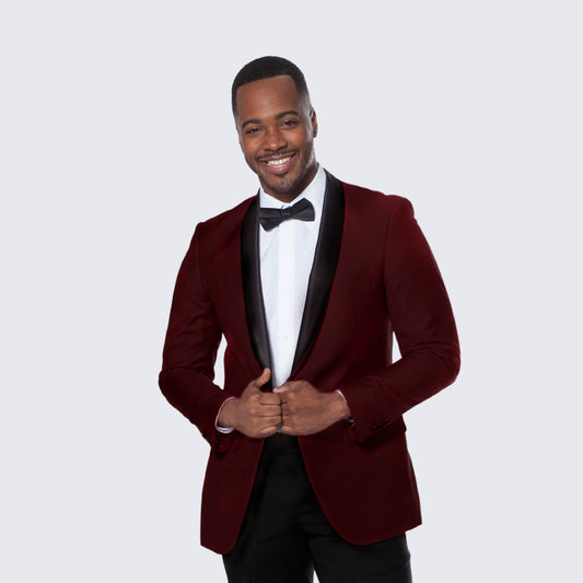 [DISCOUNTED] Burgundy Tuxedo Jacket with Black Satin Shawl Lapel Slim Fit - Limited Sizes