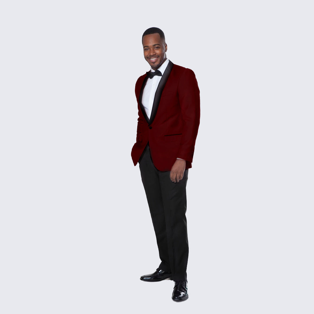 [DISCOUNTED] Burgundy Tuxedo Jacket with Black Satin Shawl Lapel Slim Fit - Limited Sizes