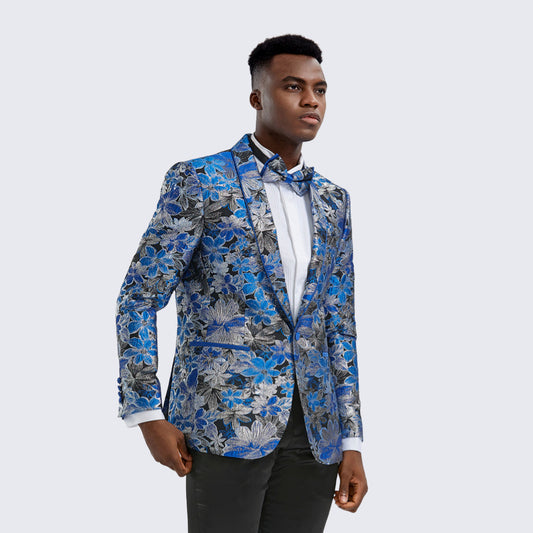 [DISCOUNTED] Royal Blue Floral Tuxedo Jacket Slim Fit - Limited Sizes