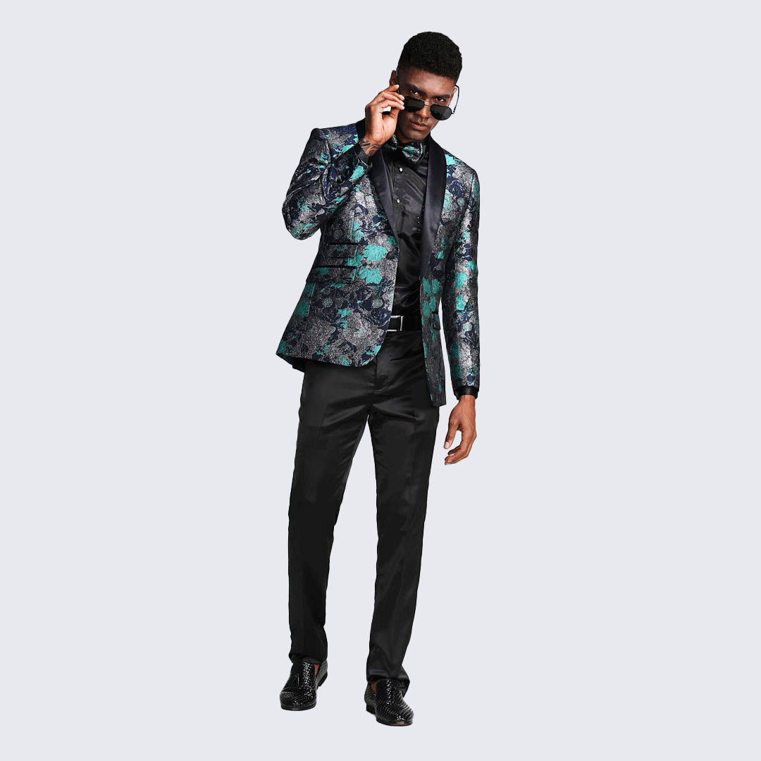 [DISCOUNTED] Turquoise Tuxedo Jacket Floral Pattern Slim Fit - Limited Sizes
