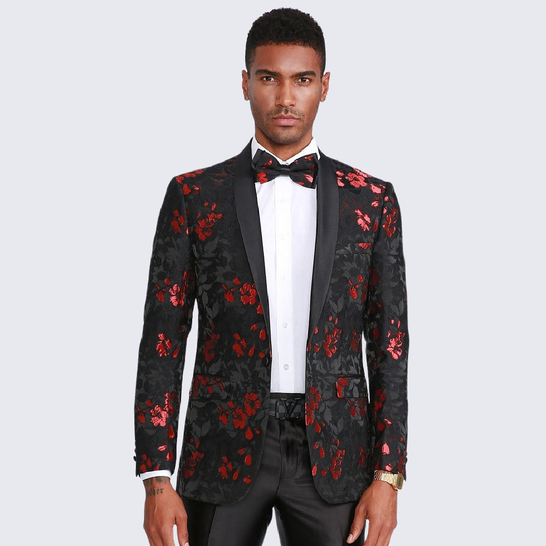 [DISCOUNTED] Red and Black Tuxedo Jacket Floral Pattern Slim Fit - Limited Sizes