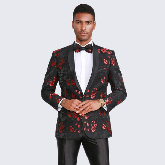 [DISCOUNTED] Red and Black Tuxedo Jacket Floral Pattern Slim Fit - Limited Sizes