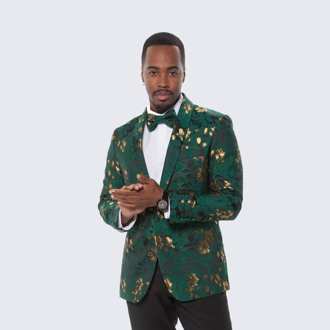 [DISCOUNTED] Green and Gold Floral Design Tuxedo Jacket Slim Fit - Limited Sizes