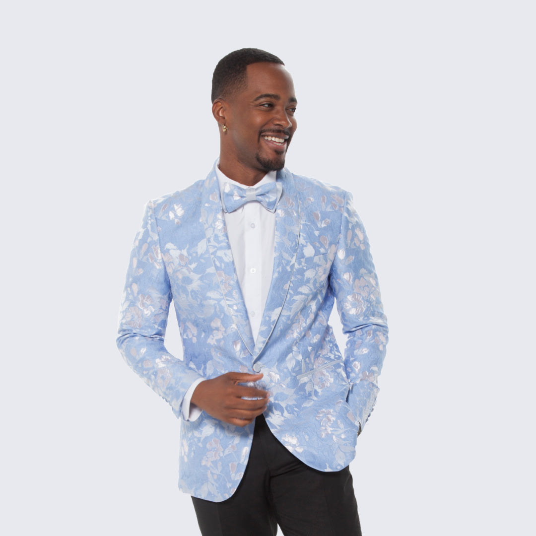 [DISCOUNTED] Sky Blue and Silver Floral Design Tuxedo Jacket Slim Fit - Limited Sizes
