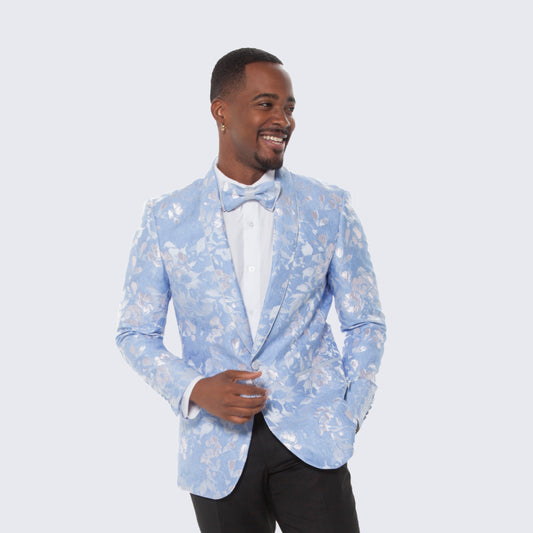 [DISCOUNTED] Sky Blue and Silver Floral Design Tuxedo Jacket Slim Fit - Limited Sizes