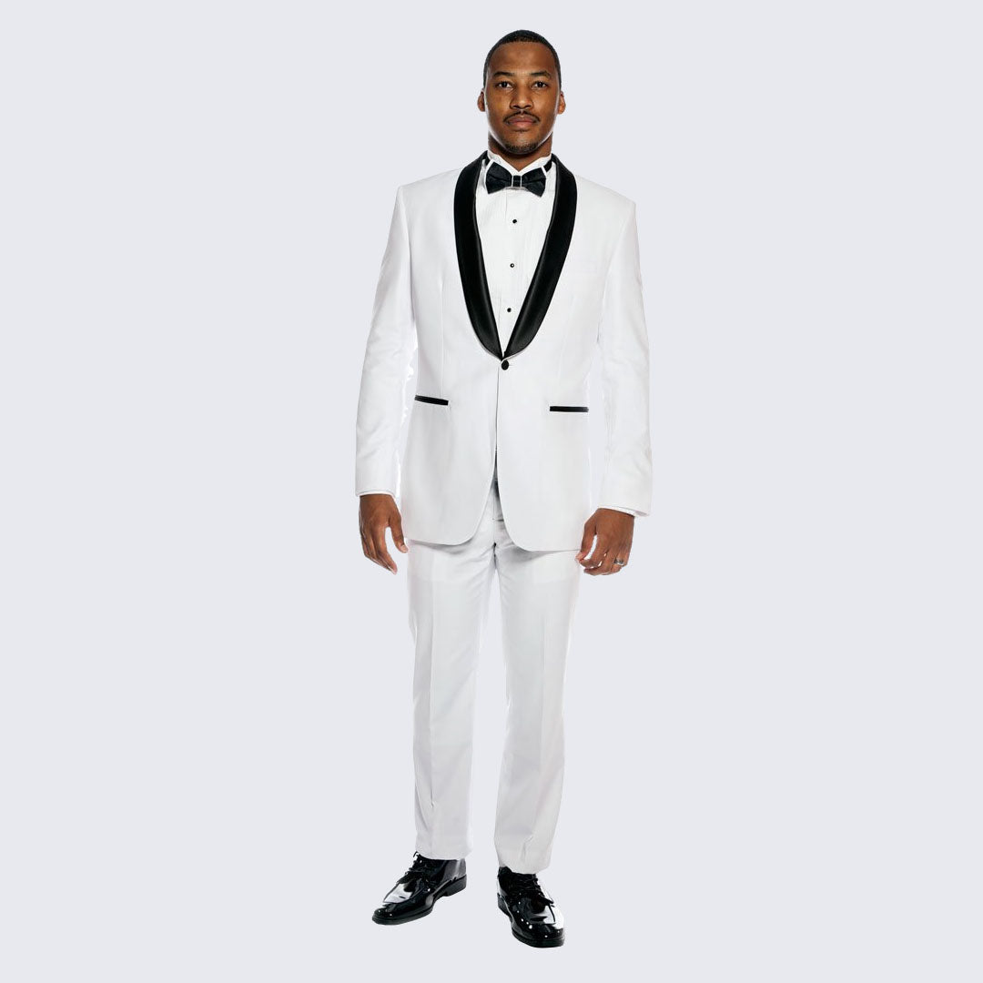 [DISCOUNTED] White Tuxedo Slim Fit with Black Shawl Lapel - Limited Sizes