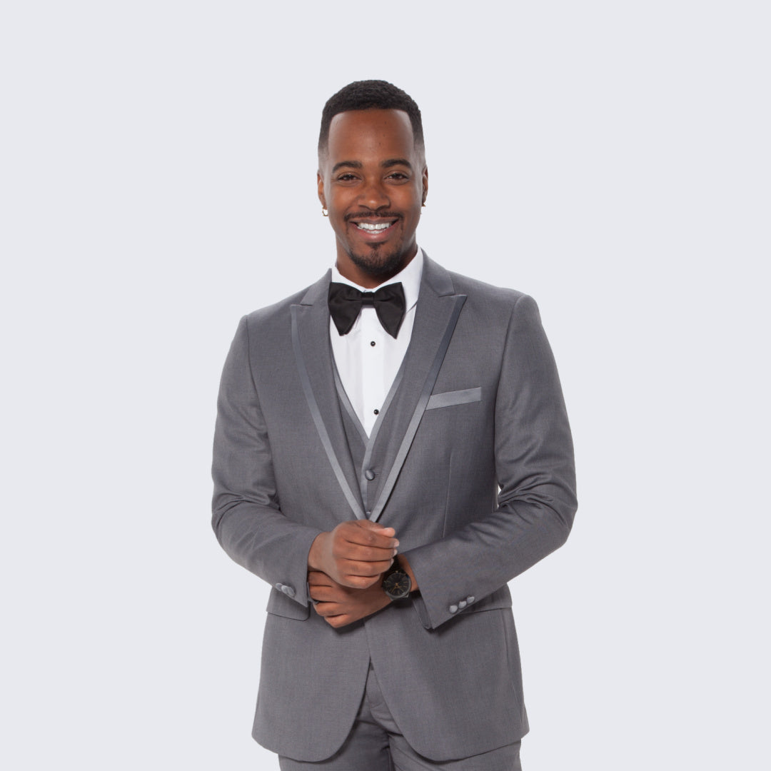 [DISCOUNTED] Mid Grey Textured Tuxedo Three Piece Set with Satin Trim -Limited Sizes