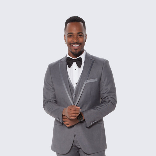 [DISCOUNTED] Mid Grey Textured Tuxedo Three Piece Set with Satin Trim -Limited Sizes