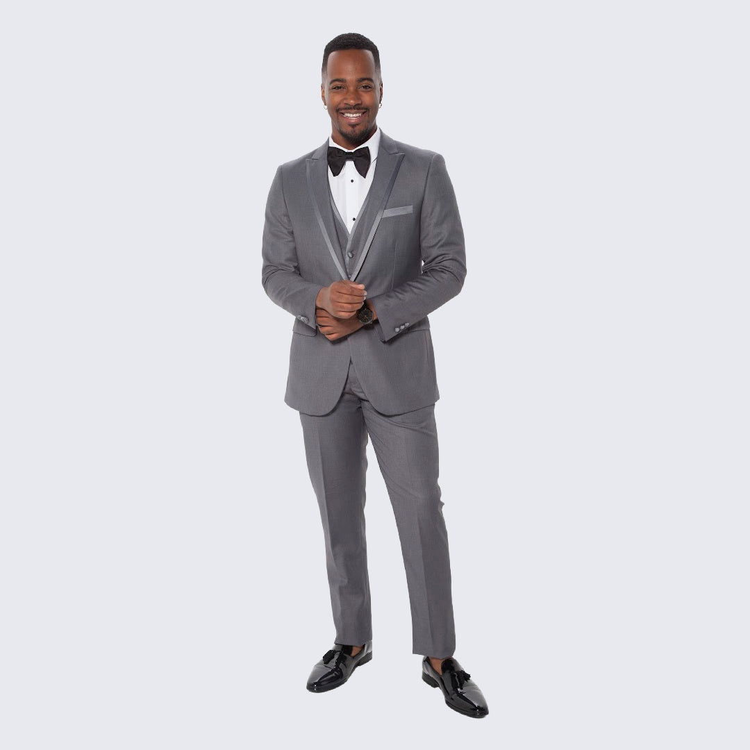 [DISCOUNTED] Mid Grey Textured Tuxedo Three Piece Set with Satin Trim -Limited Sizes
