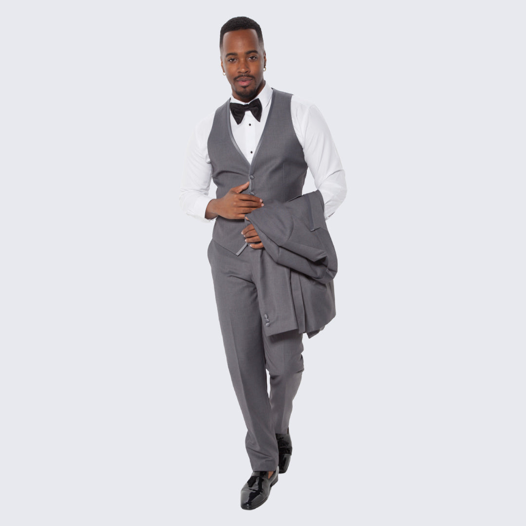 [DISCOUNTED] Mid Grey Textured Tuxedo Three Piece Set with Satin Trim -Limited Sizes