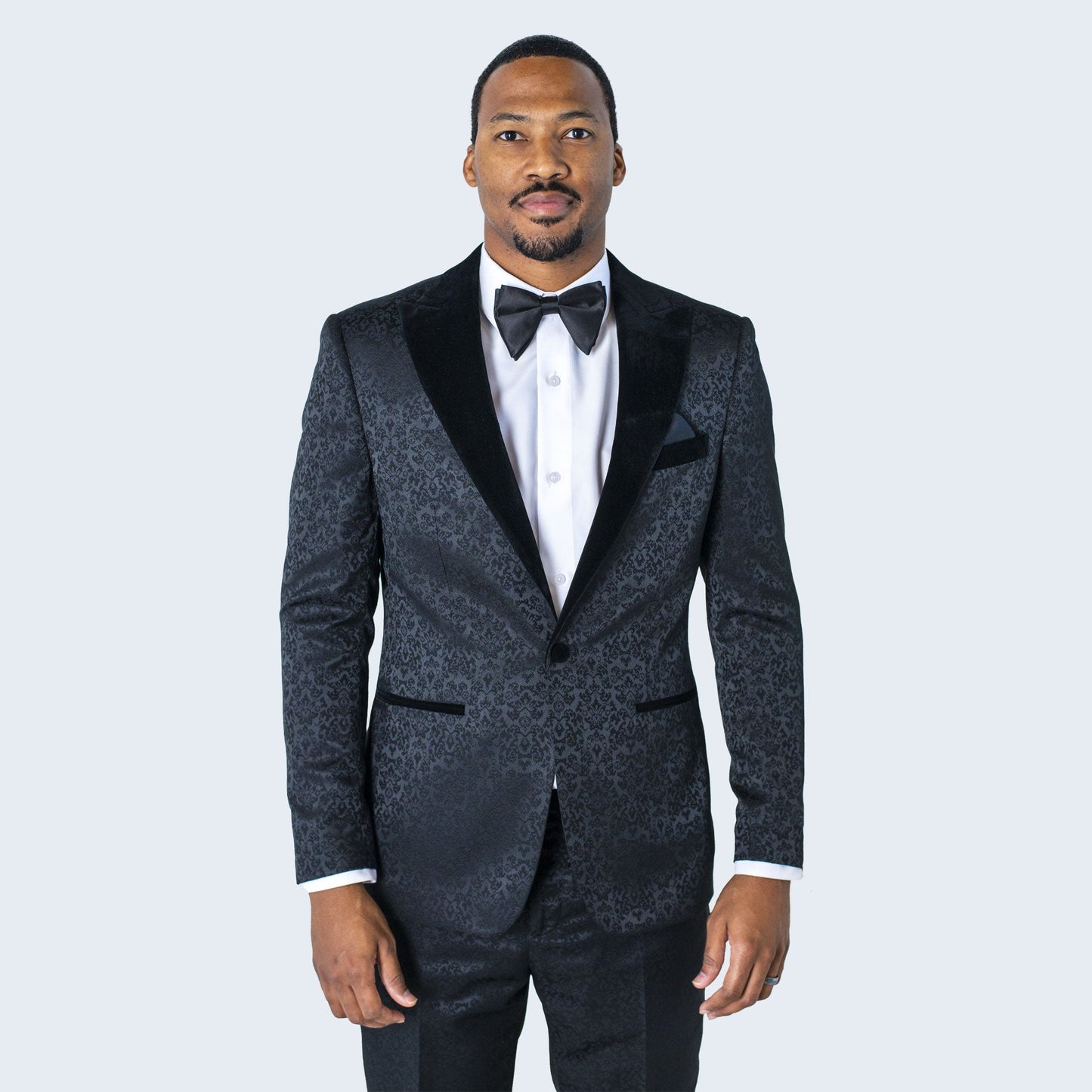 Black Paisley Tuxedo with Velvet Peak Lapel – 2-Piece Wedding & Prom