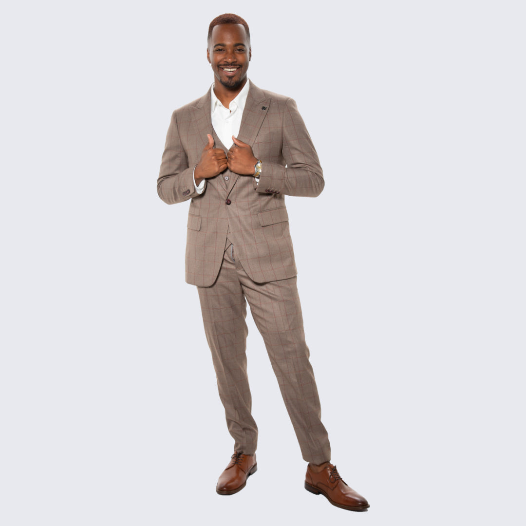 [DISCOUNTED] Light Brown Windowpane Hybrid Fit Suit by Stacy Adams - Limited Sizes
