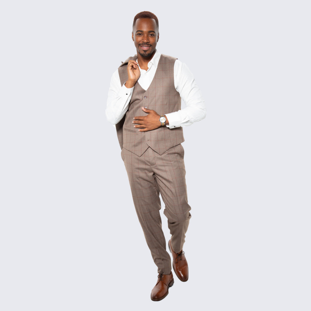 [DISCOUNTED] Light Brown Windowpane Hybrid Fit Suit by Stacy Adams - Limited Sizes