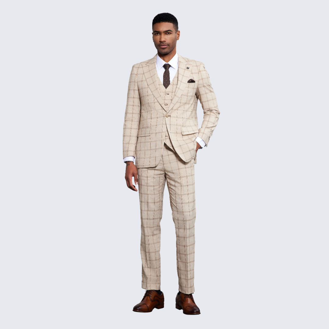 Men's Beige Windowpane Suit Three Piece Set- Wedding - Prom