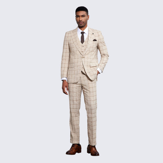 Men's Beige Windowpane Suit Three Piece Set- Wedding - Prom
