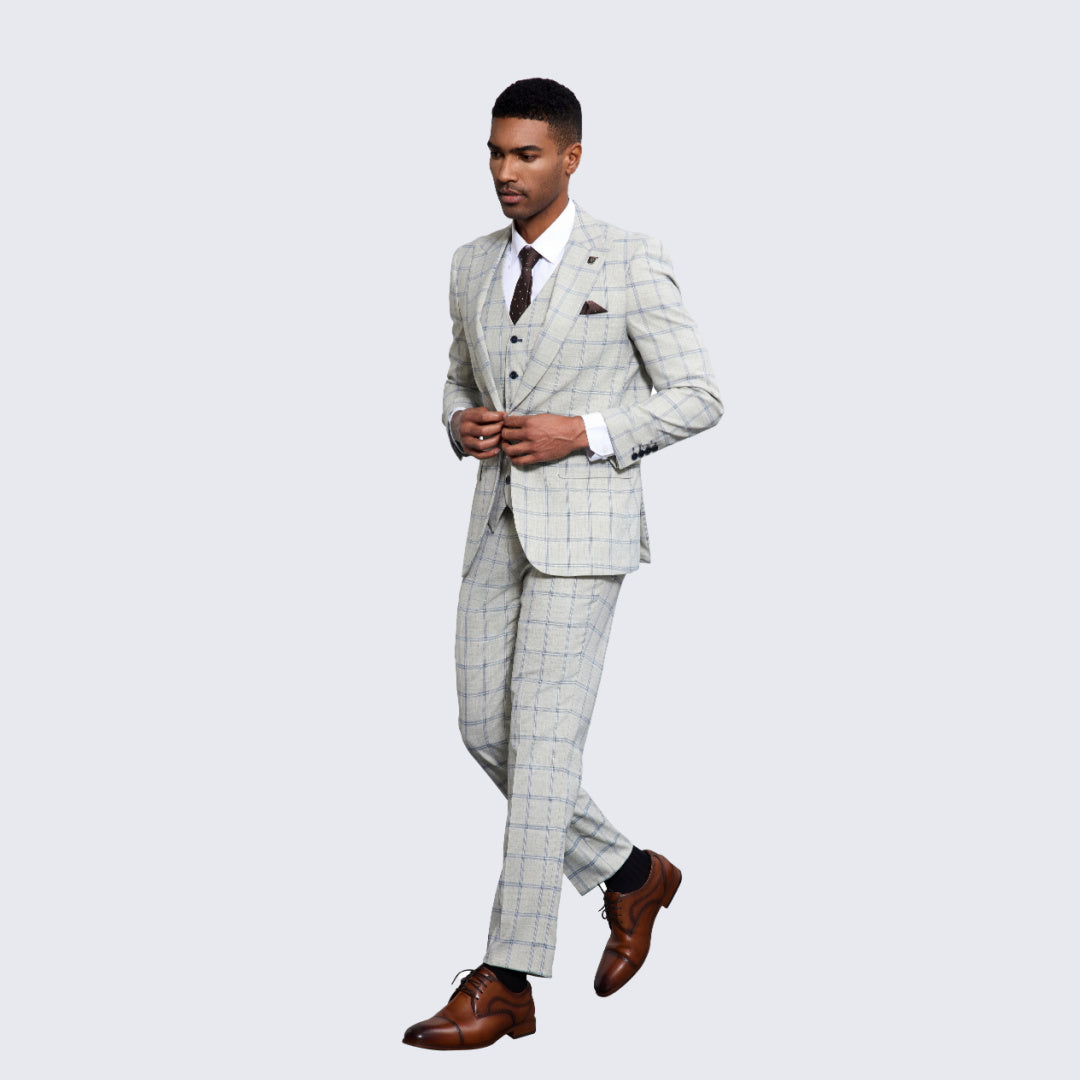 Men's Grey Windowpane Suit Three Piece Set - Wedding - Prom