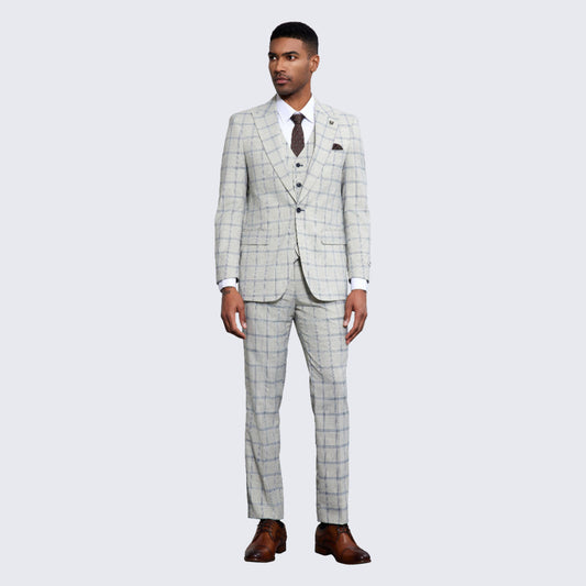 Men's Grey Windowpane Suit Three Piece Set - Wedding - Prom