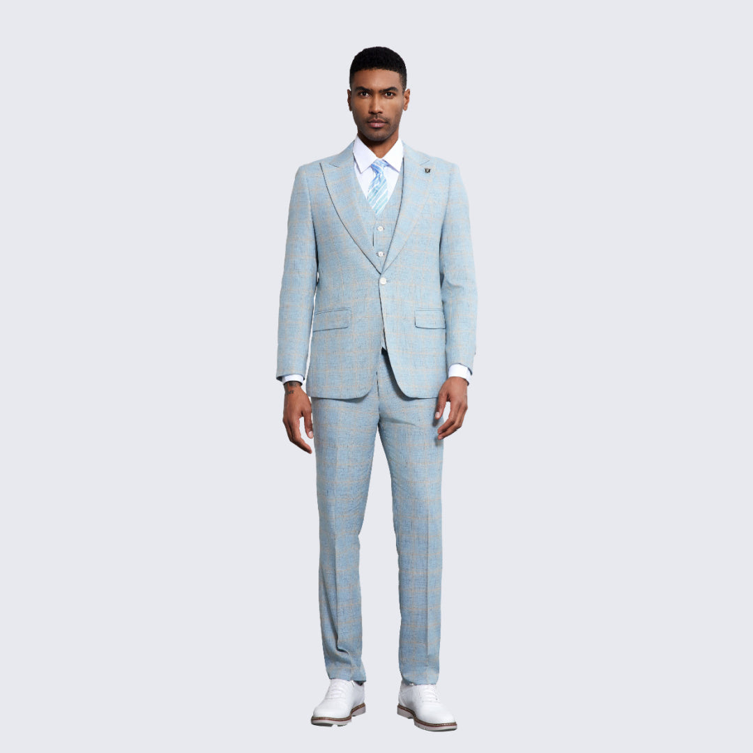 Men's Baby Blue Windowpane Suit Three Piece Set- Wedding - Prom