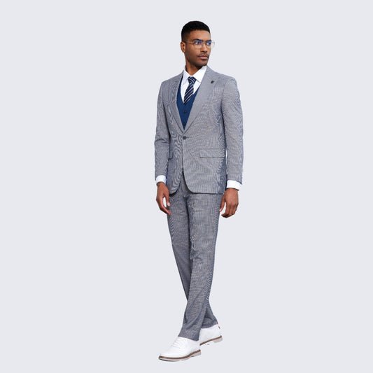 Men's Blue and Grey Glen Plaid Suit Three Piece Set - Wedding - Prom