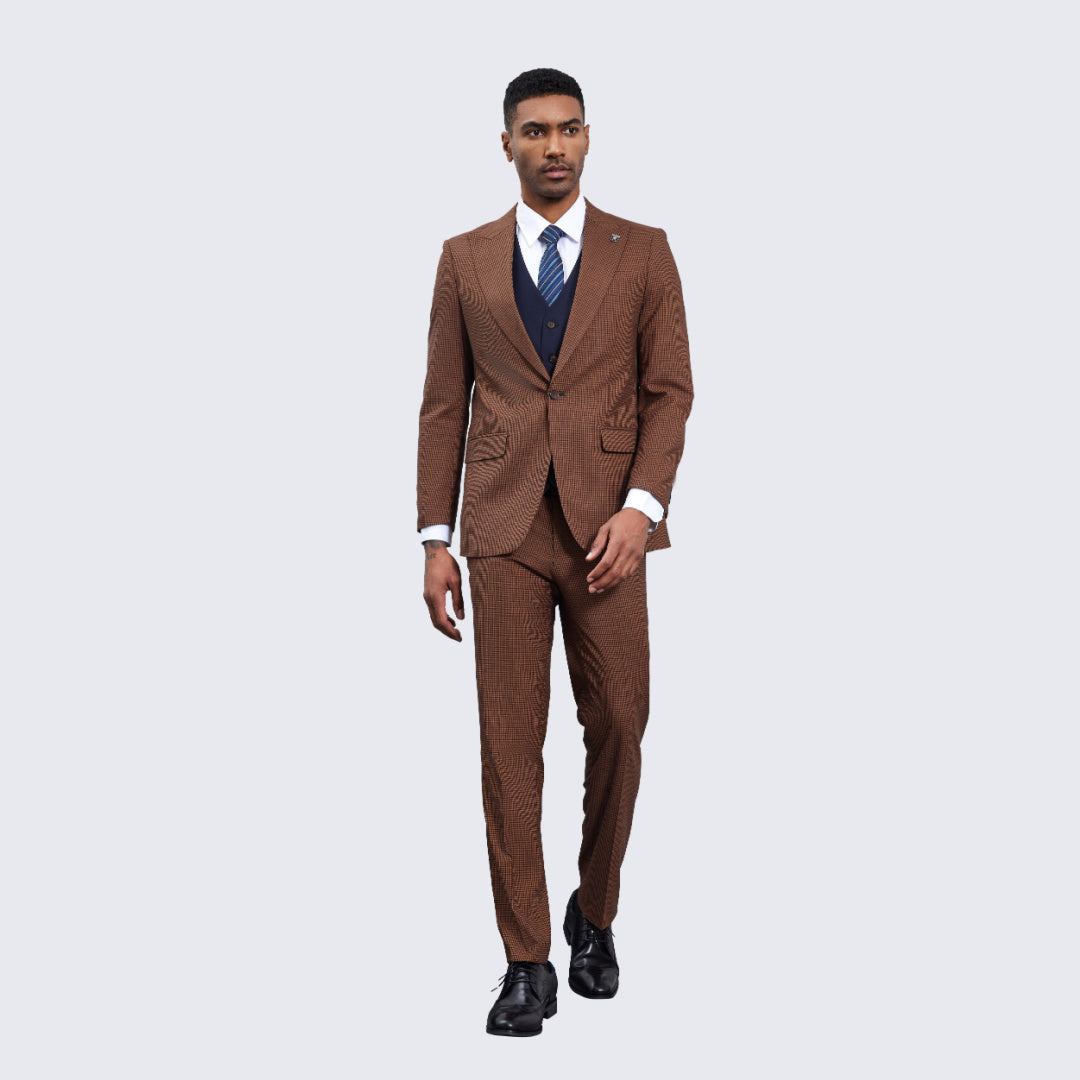 Men's Brown and Navy Glen Plaid Suit Three Piece Set - Wedding - Prom