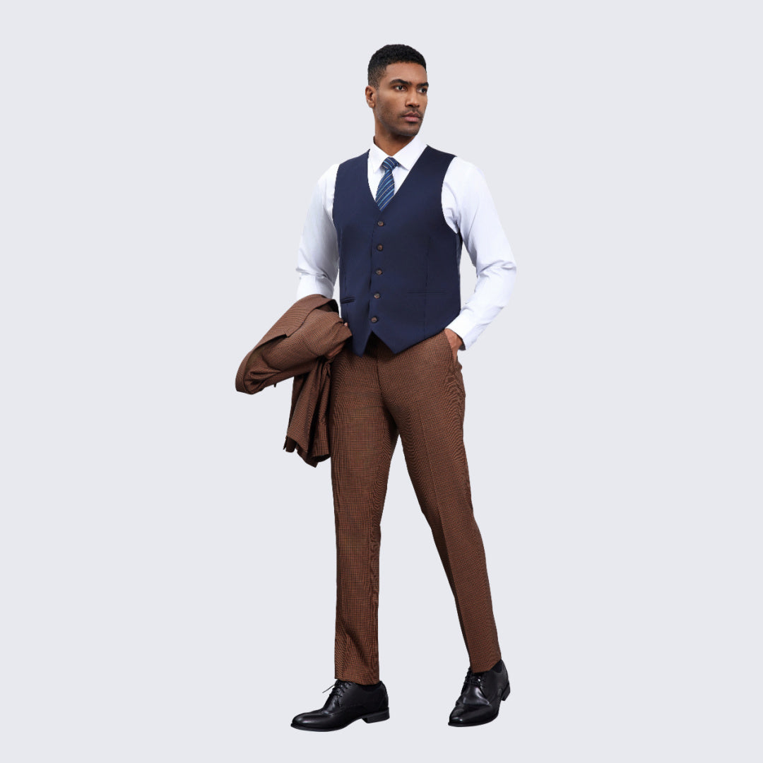 [DISCOUNTED] Men's Brown and Navy Glen Plaid Suit Three Piece Set - Limited Sizes