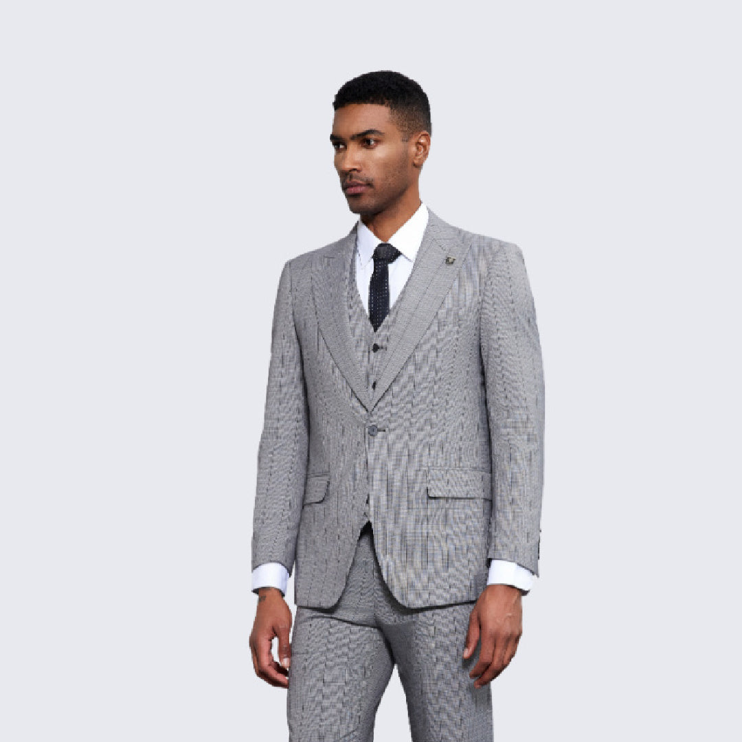 Men's Grey Windowpane Suit Three Piece Set- Wedding - Prom