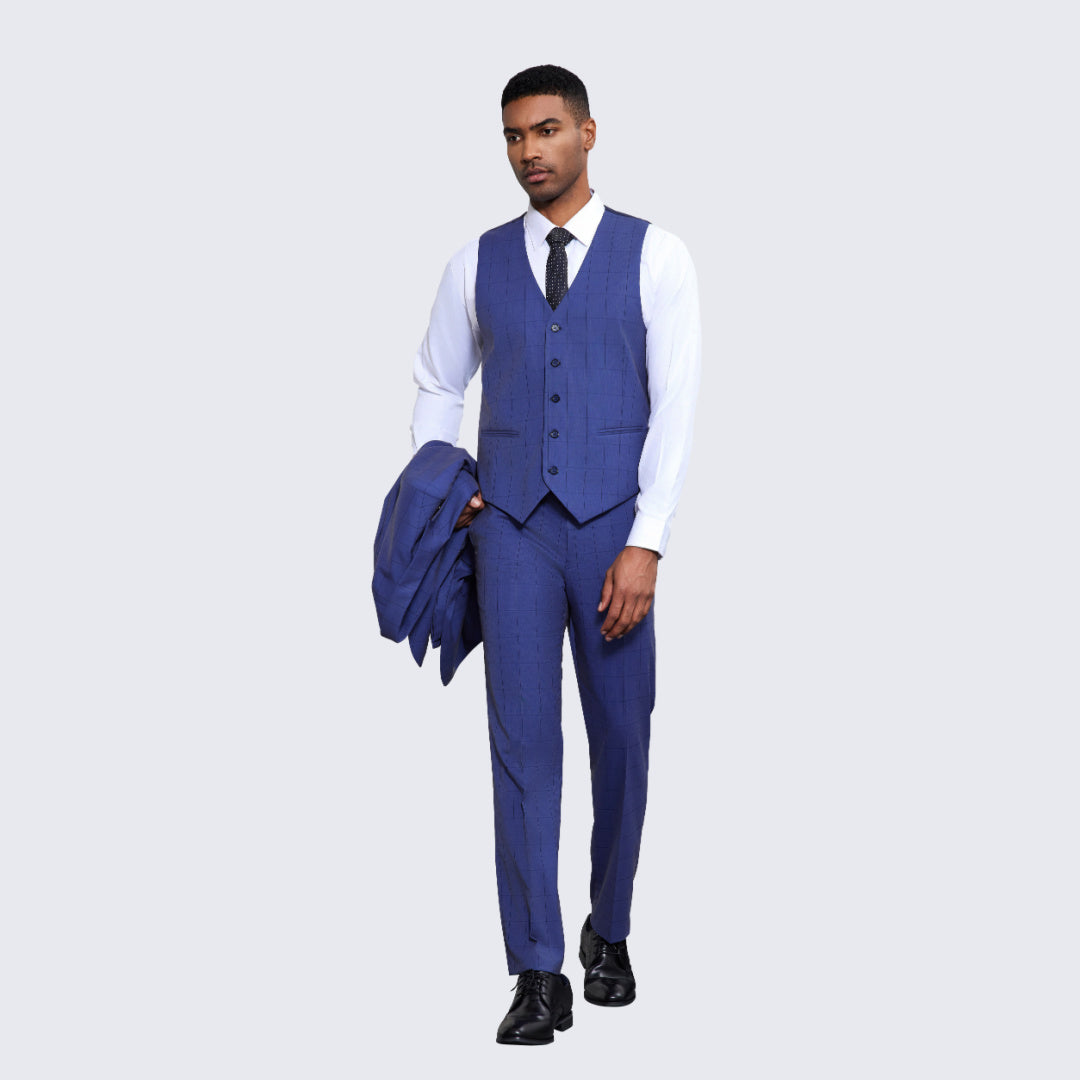 Men's Blue Windowpane Suit Three Piece Set- Wedding - Prom