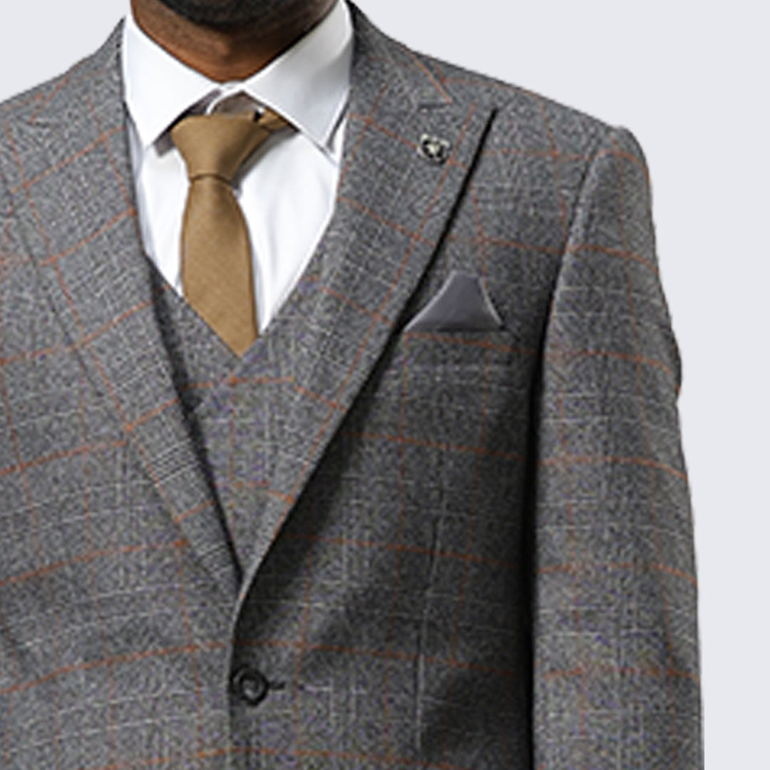 Grey Windowpane Three-Piece Suit with Peak Lapel – Wedding & Prom