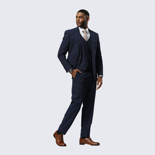 Navy Blue Canvas-Print Three-Piece Suit with Peak Lapel – Wedding & Prom