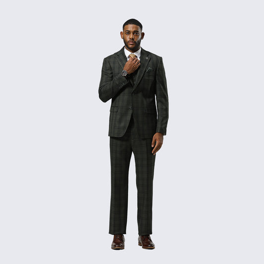 Green Watch Plaid Three-Piece Suit with Notch Lapel – Wedding & Prom