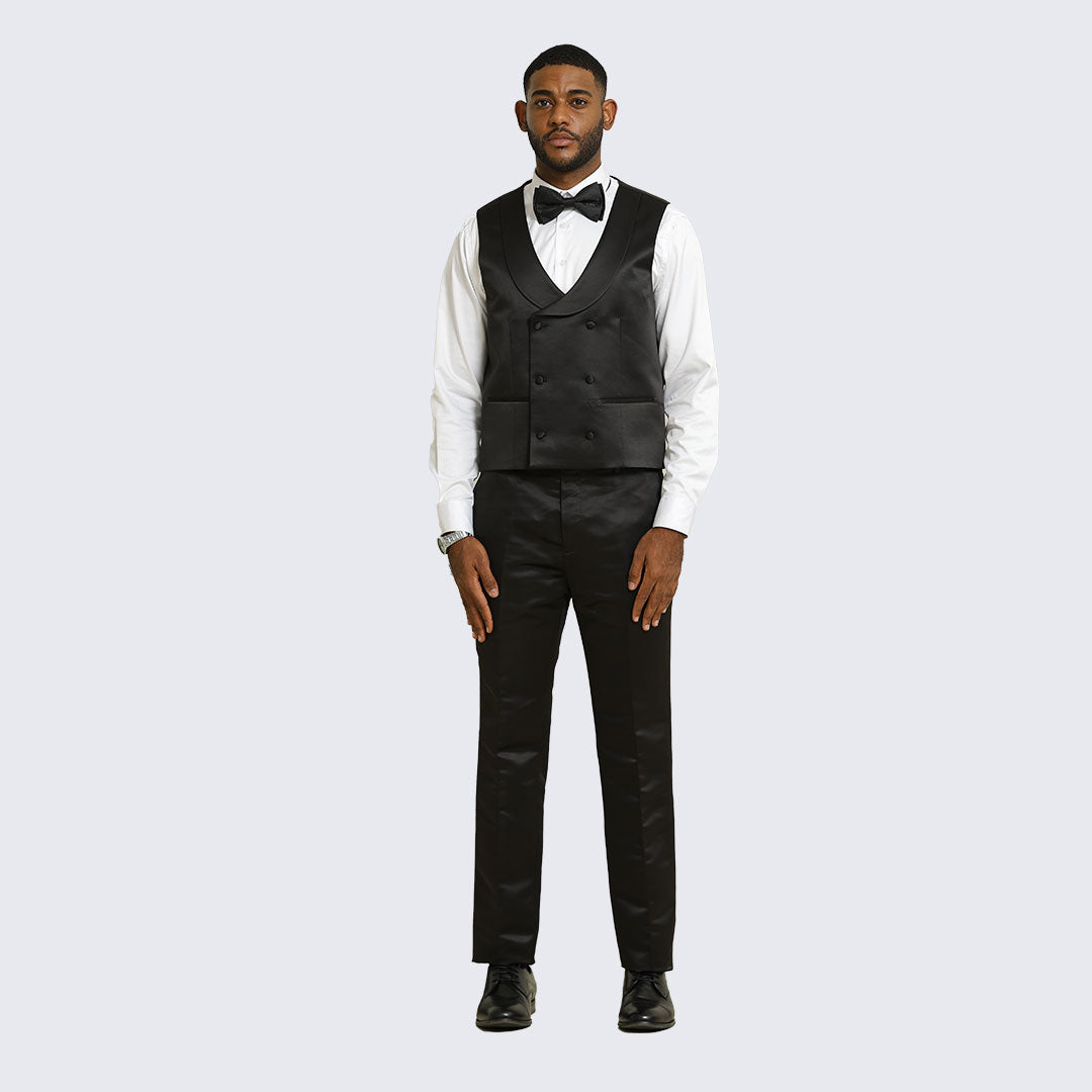 Black Satin Damask 4-Piece Tuxedo Set with Peak Lapel – Wedding & Prom