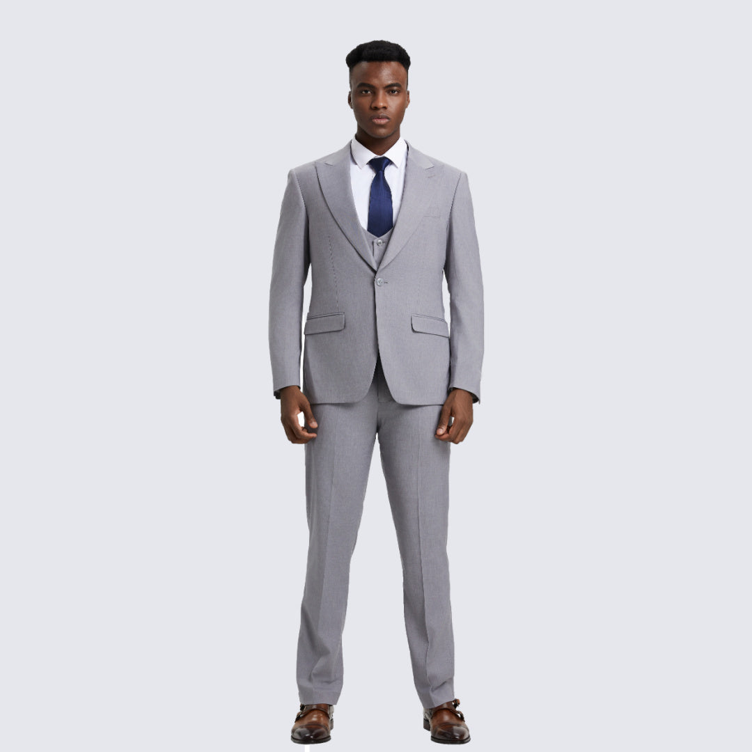 [DISCOUNTED] Light Gray Slim Fit Three Piece Suit with Large Peak Lapel by Stacy Adams- Limited Sizes