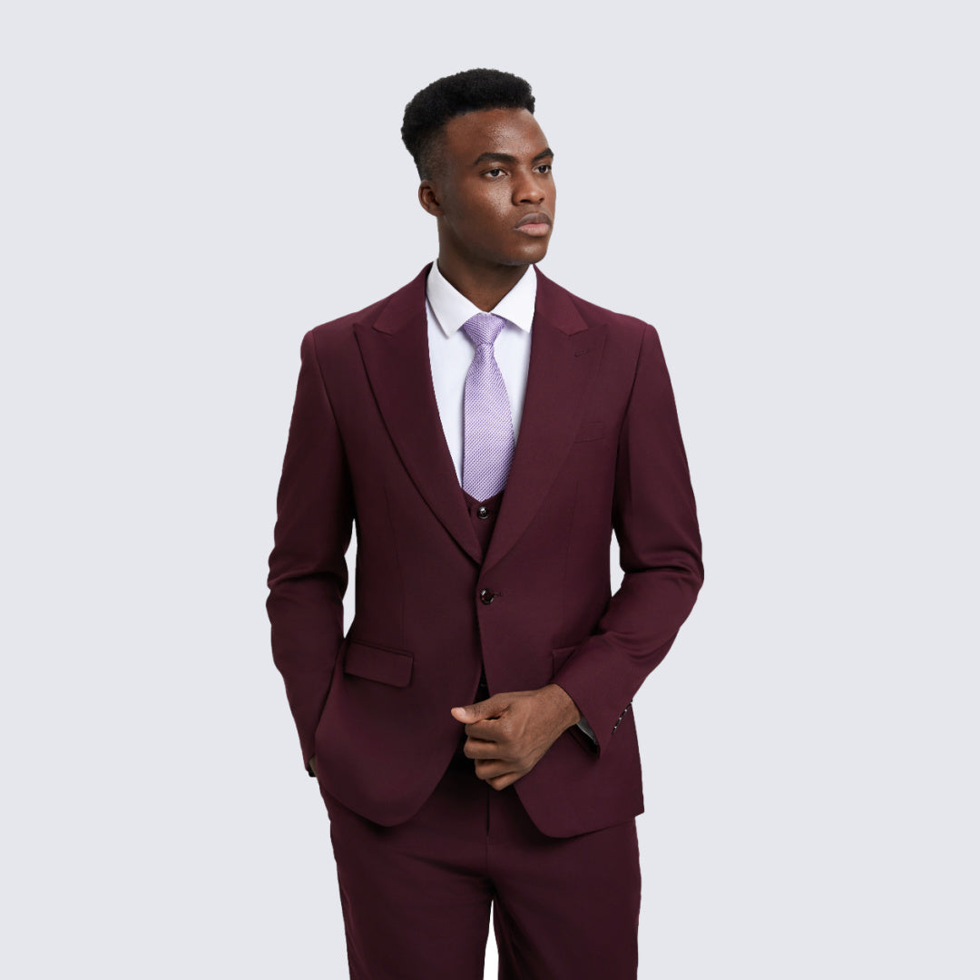 Burgundy Slim Fit 3-Piece Suit with Large Peak Lapel – Wedding & Prom