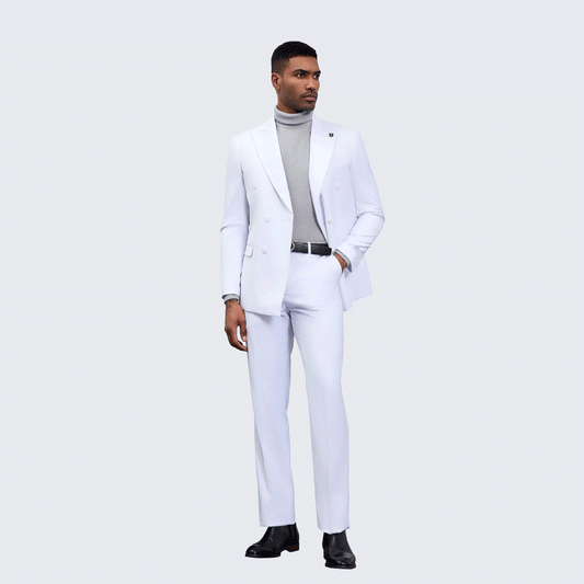 Men’s Double Breasted White Suit with Peak Lapel – Wedding & Prom