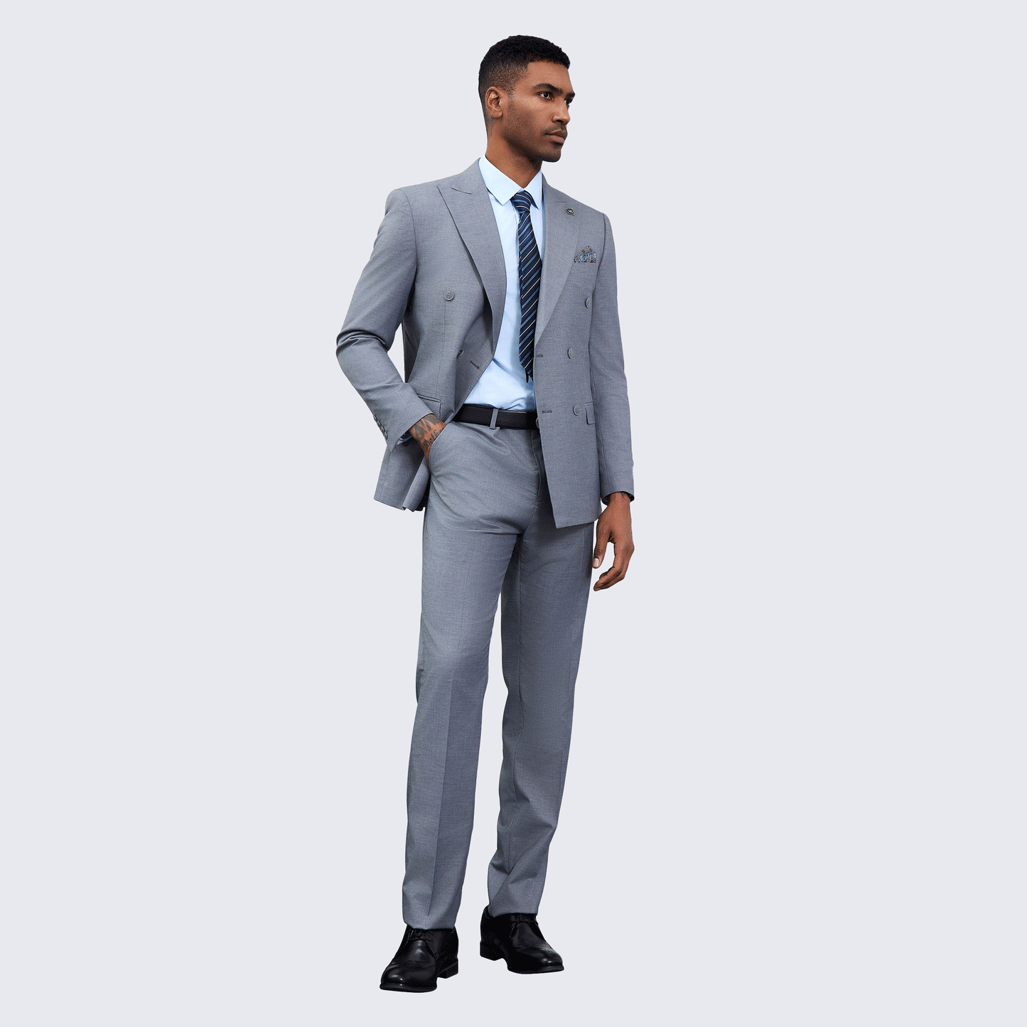 Men’s Double Breasted Grey Suit with Peak Lapel – Wedding & Prom