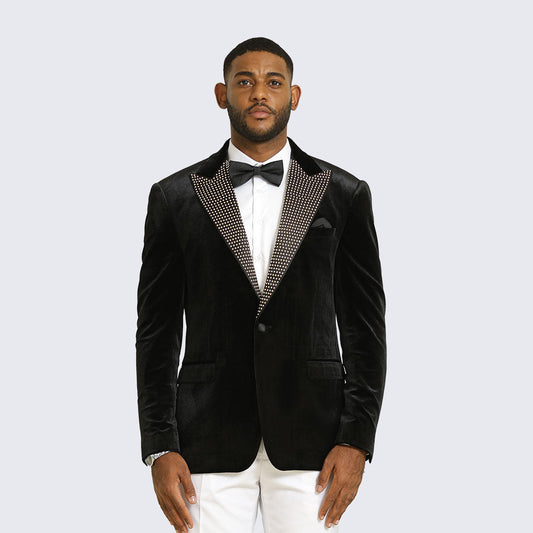 Black Velvet Tuxedo Jacket with Rhinestone Peak Lapel – Wedding & Prom