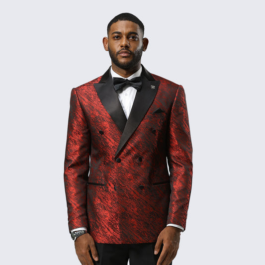 Red Jacquard Double-Breasted Tuxedo Jacket with Black Satin Peak Lapel – Wedding & Prom