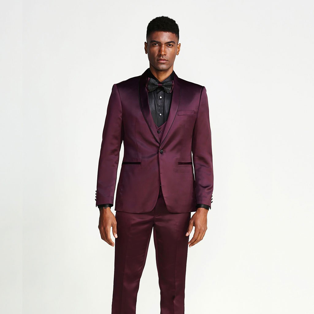 [DISCOUNTED] Burgundy Slim Fit Tuxedo Fully Satin Four Piece Set - Limited Sizes