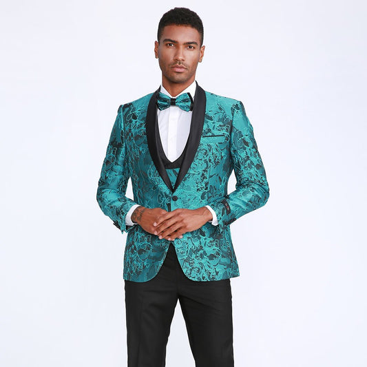 [DISCOUNTED] Turquoise Tuxedo with Floral Pattern Four Piece Set - Limited Sizes