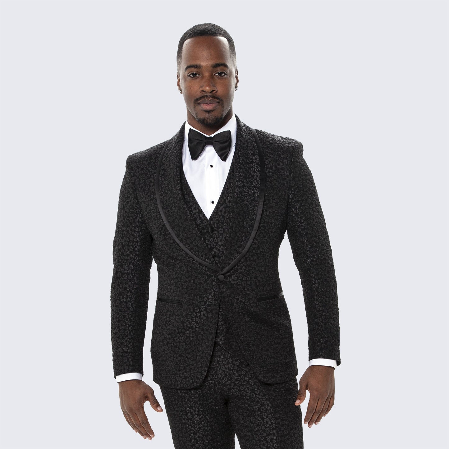 Men's Black Tuxedo with Floral Design Three Piece Set- Wedding - Prom