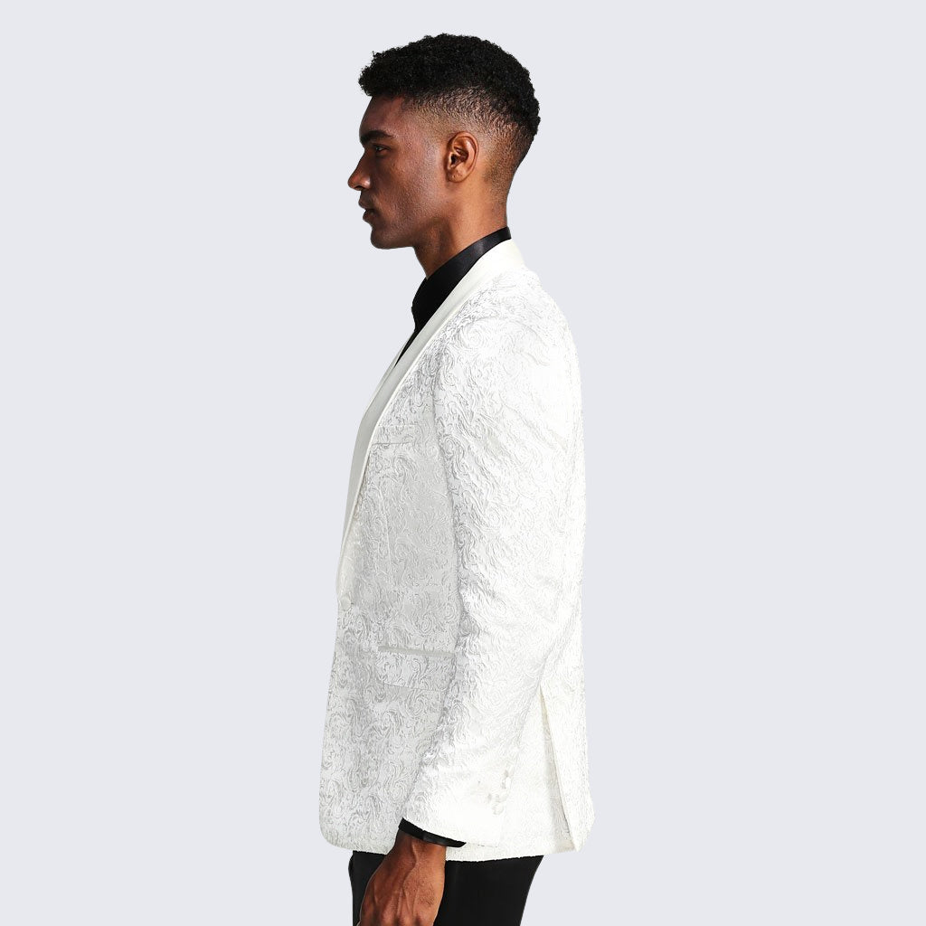 [DISCOUNTED] White Tuxedo Jacket Paisley Pattern Slim Fit - Limited Sizes