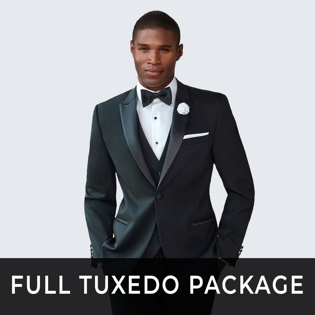 Slim Fit Tuxedo Package - Black Tuxedo Peak Lapel Set with Shirt, Vest, and Cufflink Set- Wedding - Prom