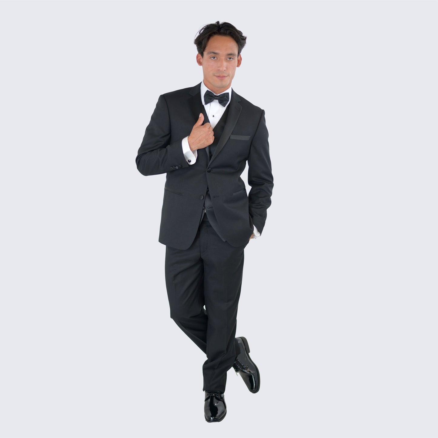 Slim Fit Tuxedo Package - Black Tuxedo Notch Lapel Set with Shirt, Vest, and Cufflink Set